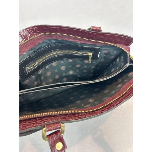 Vintage Burgundy Croc Embossed Leather Handbag Gold Hardware Top Handles Elegant - Picture 8 of 13